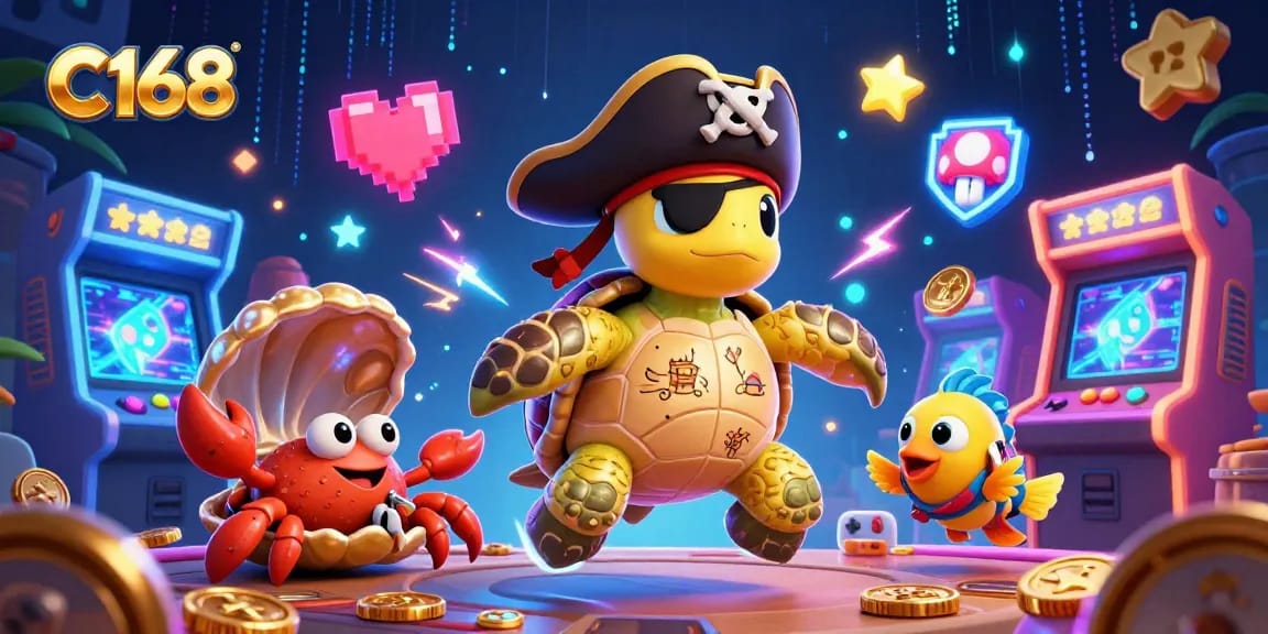 Engage with the vibrant C168 atmosphere where a pirate turtle and friends celebrate gaming victories amidst treasure and excitement.