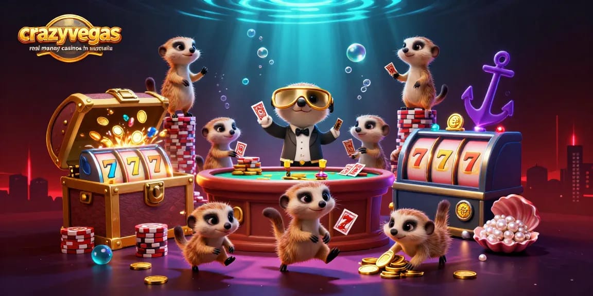 Experience the excitement of crazyvegas real money casinos in australia with engaging meerkats in a vibrant casino scene.