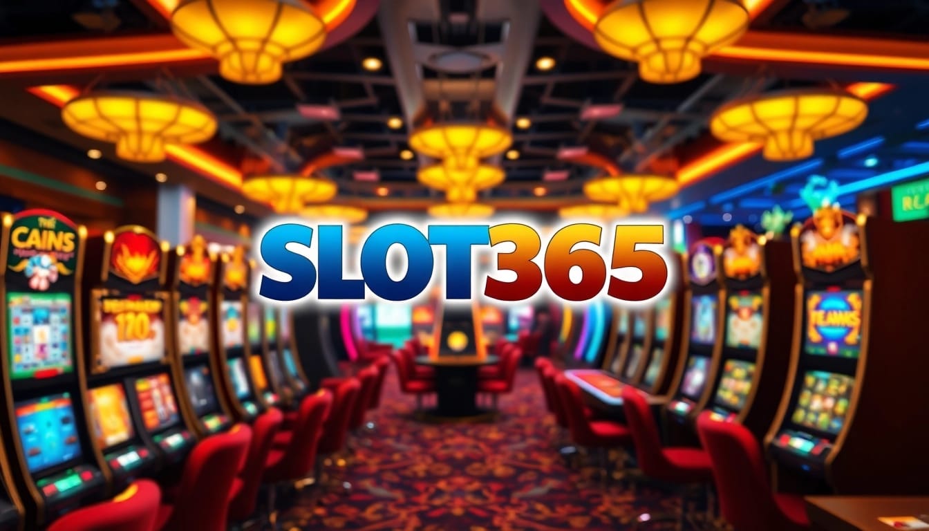 Menampilkan logo SLOT365 di tengah suasana kasino yang dinamis dan berwarna cerah.