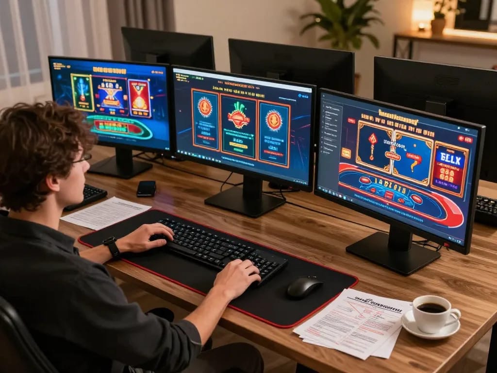 Engaged player using tablet and notes for strategic online gaming with 789F.
