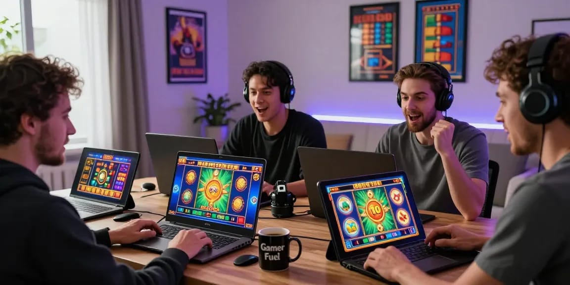 Players excitedly exploring bonus buy slots on laptops with colorful slot graphics in a vibrant home setup.
