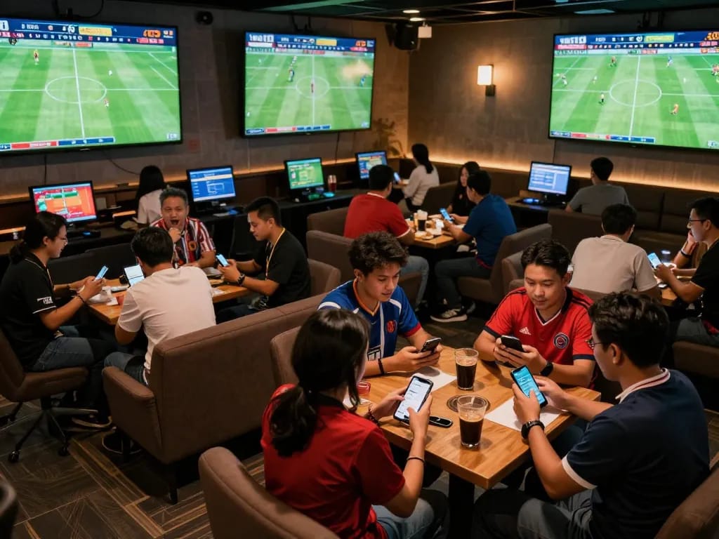 Captivating scene of sports betting enthusiasts engaging with tỷ lệ kèo nhà cái on their smartphones in a lively lounge atmosphere.
