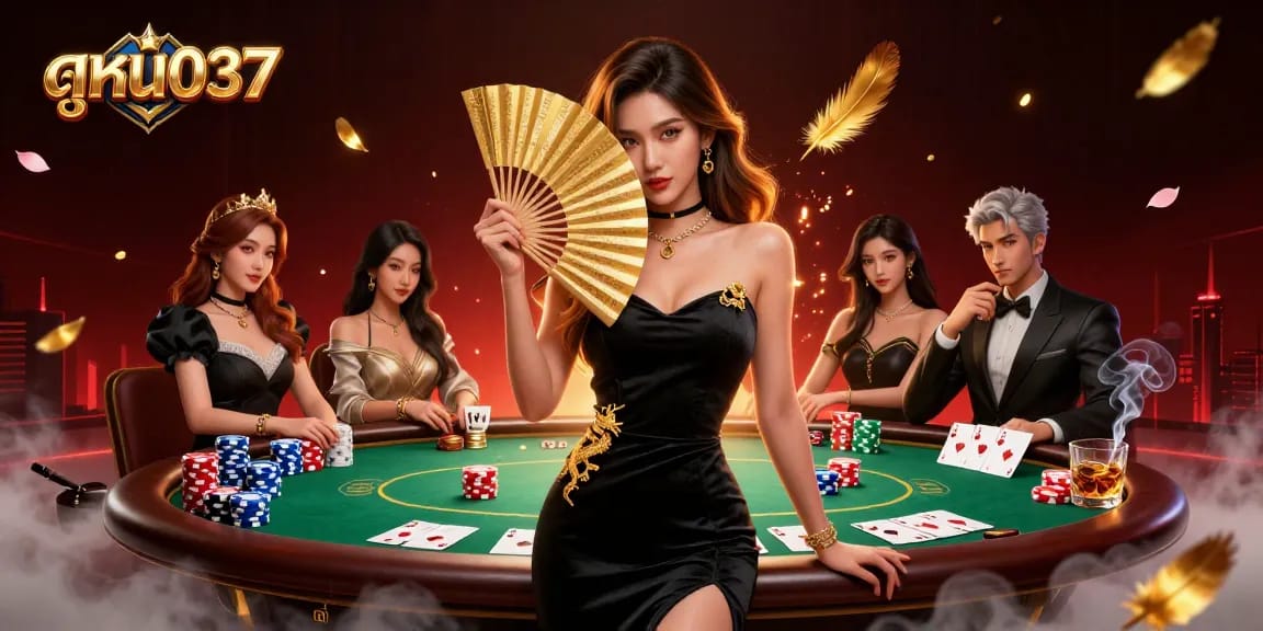 Experience the thrill of ดูหนัง037 with a captivating Asian woman at a poker table, showcasing rich casino elements.