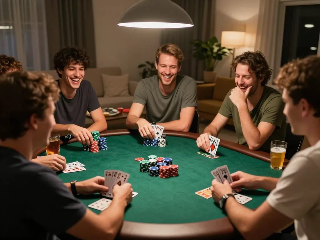 Players enjoying a Chatgpt caricature themed poker night, showcasing friendly wagering and anticipation.