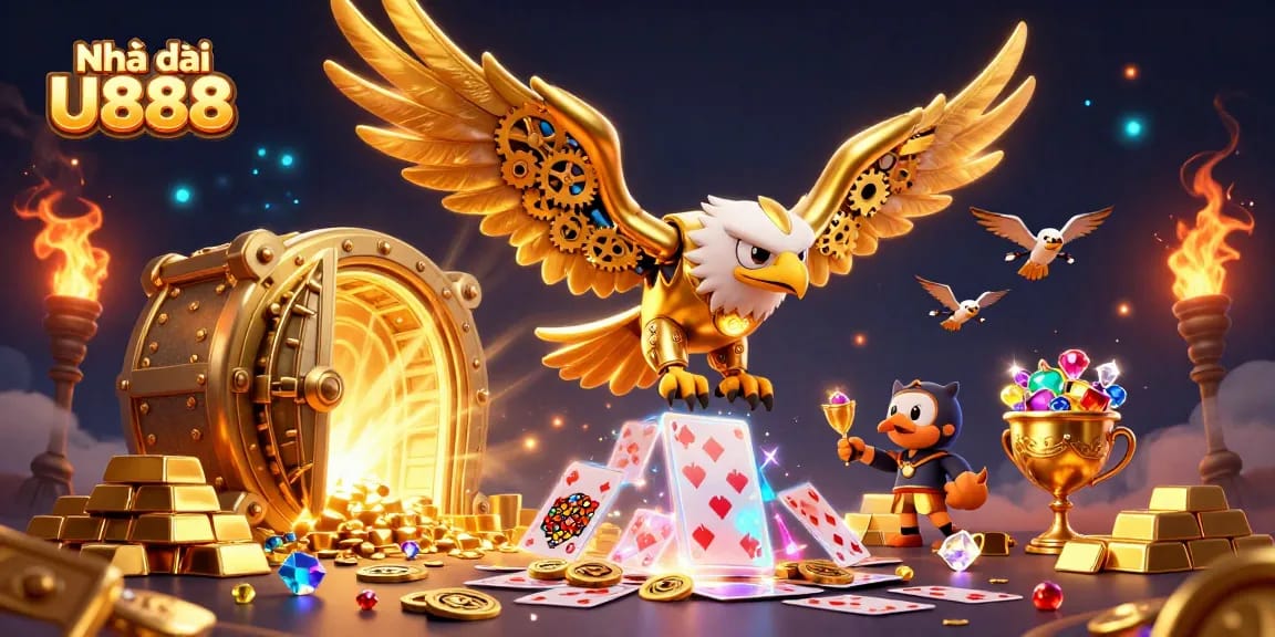 Bet on thrilling excitement with Nhà cái U888 as the golden eagle dives through vibrant holographic cards.