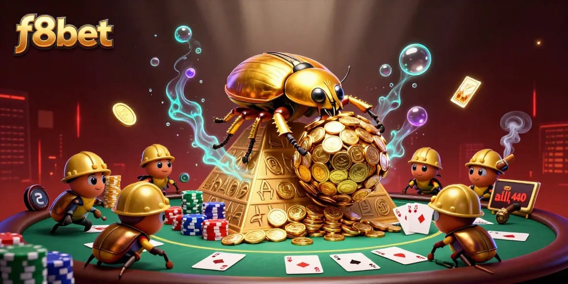 Experience vibrant gaming excitement with f8bet’s golden beetle illustration showcasing wealth and strategy.