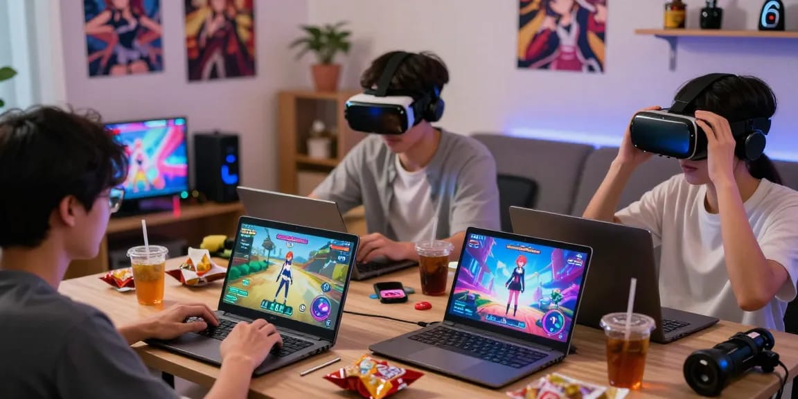 Exciting ecchi game session in a cozy living room with players on various devices, showcasing vibrant graphics and anime-themed decor.