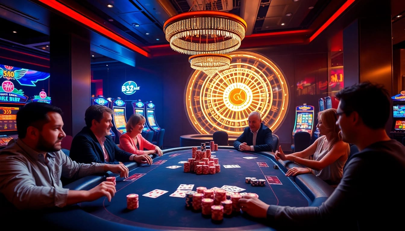 B52club players engaged in an exciting poker game with vibrant cards and chips.