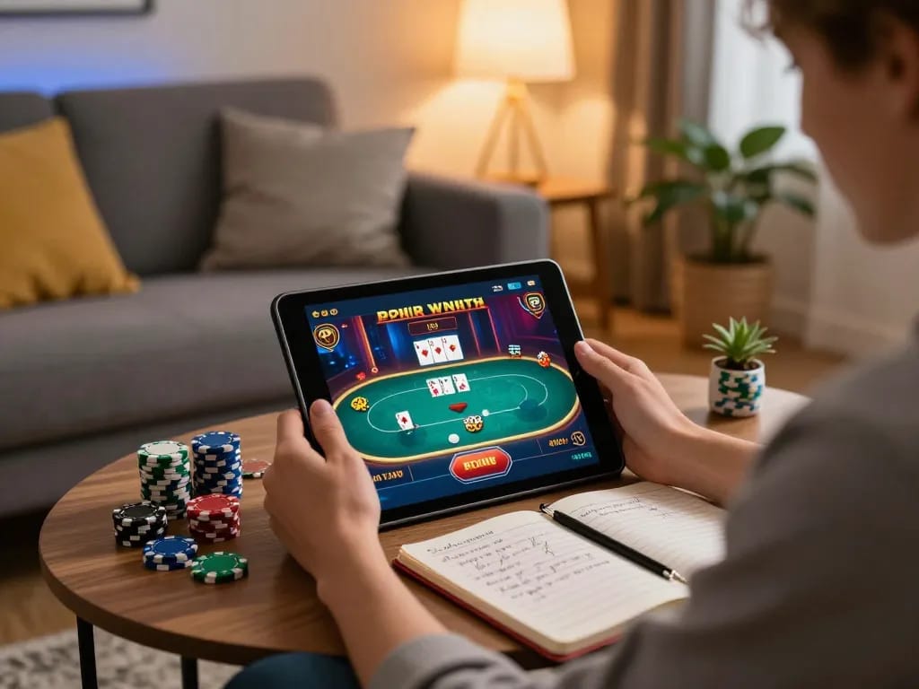 Engaging in cs88 vip online poker gaming with tablet in cozy home setting.