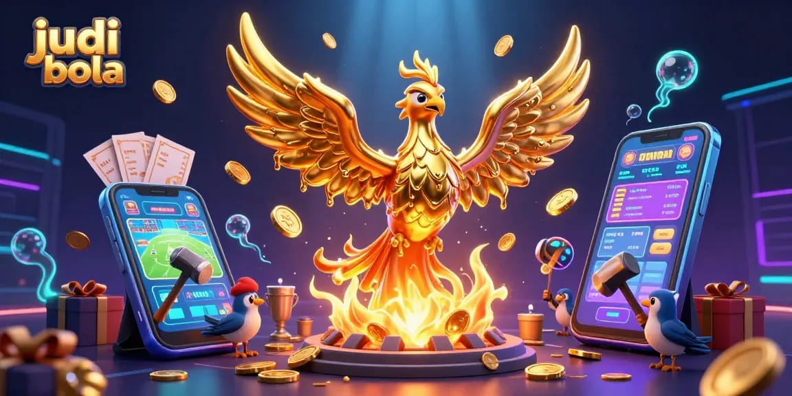 Bet on judi bola with a vibrant 3D phoenix and dynamic sports betting elements