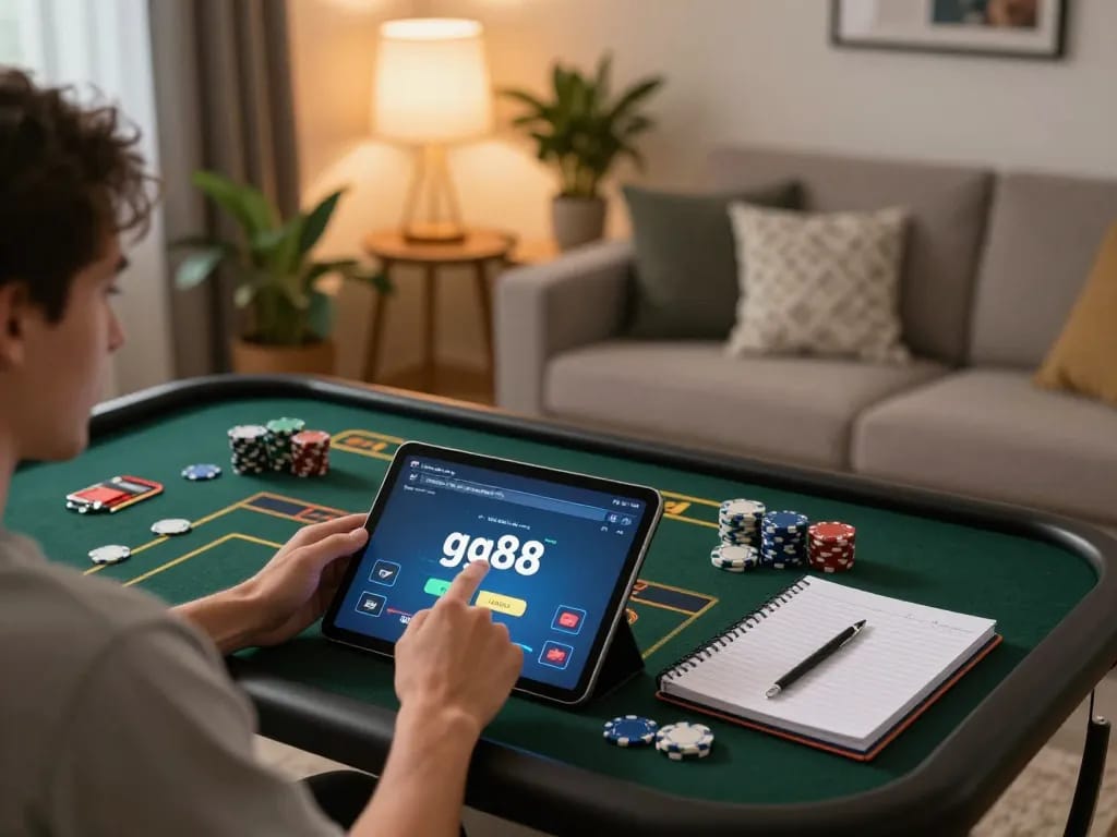 Engaging with link gg88 on a tablet during a cozy online casino gaming session in a modern living room