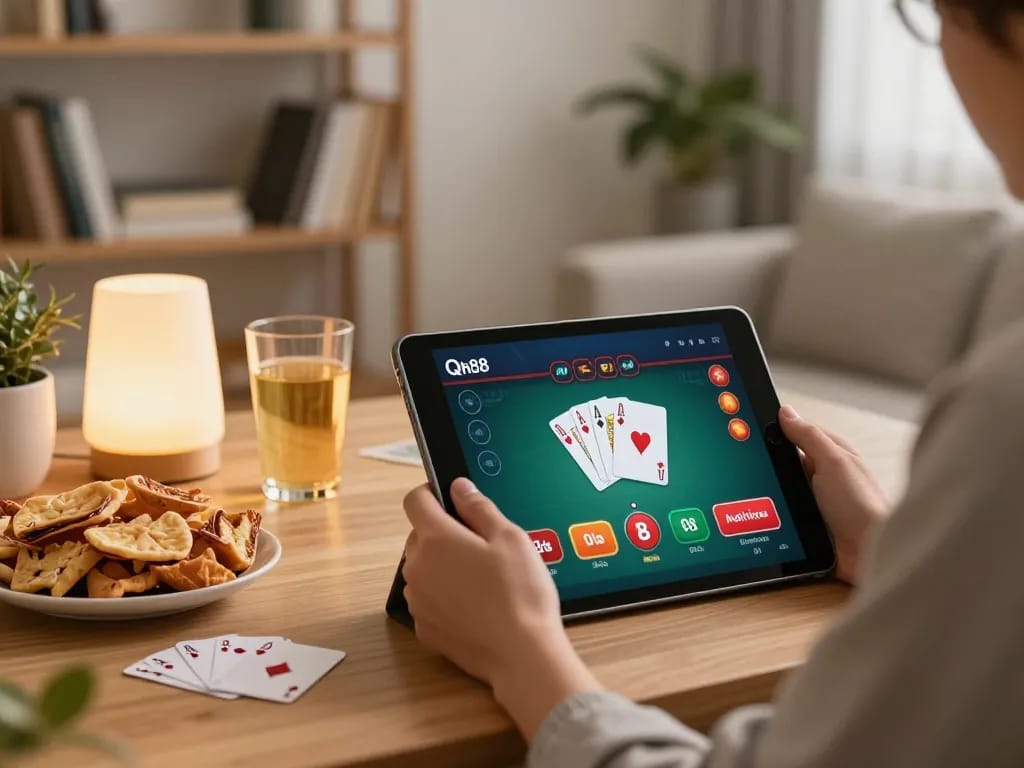 Player engaging with the Qh88 link on a tablet in a cozy home gaming setup with snacks.