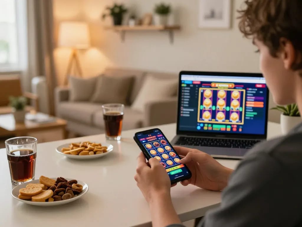 Engaging in malaysia online casino gaming at home on a smartphone, showcasing vibrant slot machine gameplay