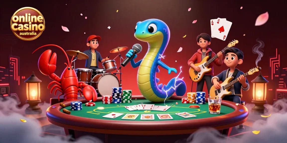 Experience the vibrant energy of an underwater casino with our online casino Australia illustration featuring an electric eel DJ.