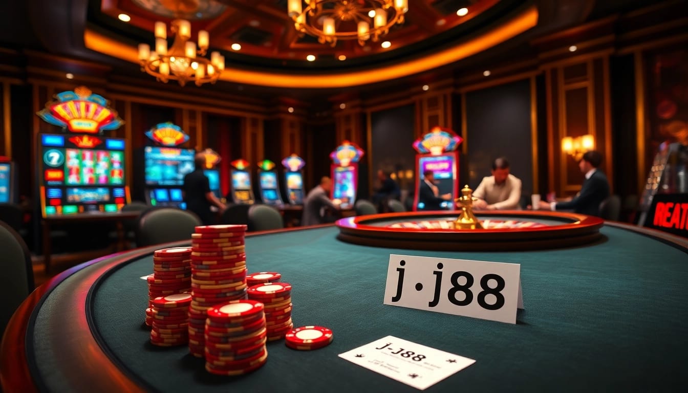 Experience thrilling gambling action at a vibrant casino featuring j88-themed gaming tables.