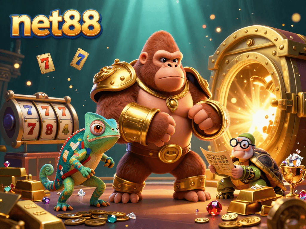 Experience net88’s vibrant casino scene with a gorilla, chameleon, and tortoise amidst riches.