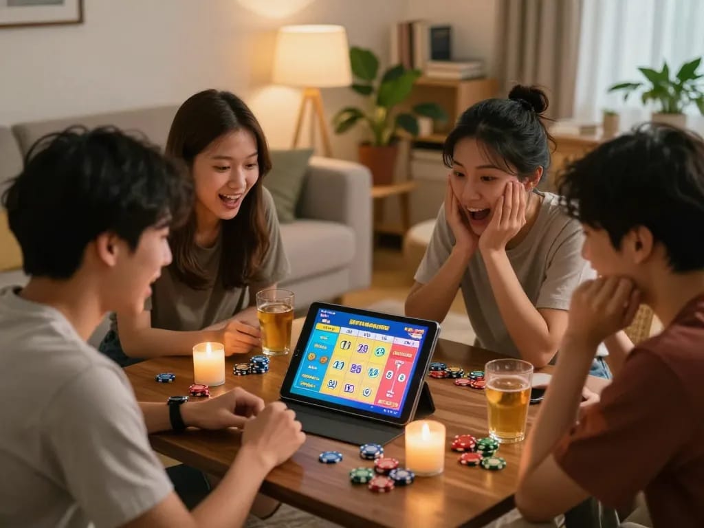 Engaging players enjoying a togel singapore game on a tablet, creating a vibrant social gaming atmosphere.