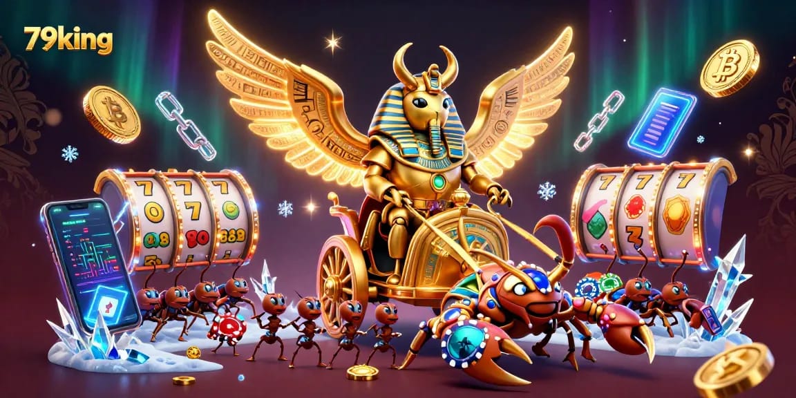 Engage in thrilling play at 79king with a vibrant casino scene featuring golden scarabs, crypto elements, and slot reels.
