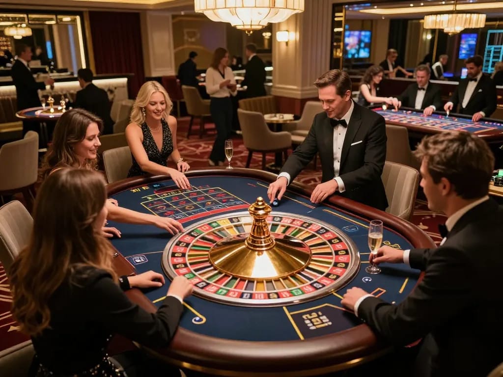 Watch players engage with the roulette table at W188 casino, showcasing excitement and luxury.