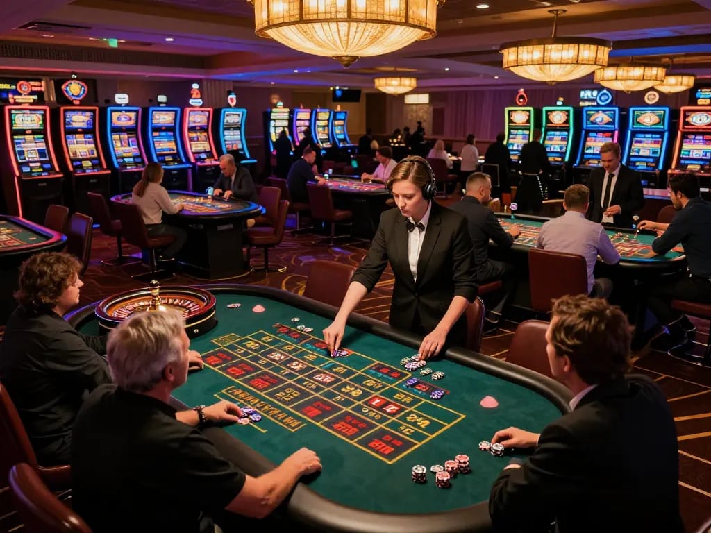 Experience g28's excitement at a bustling casino with active roulette tables and players betting