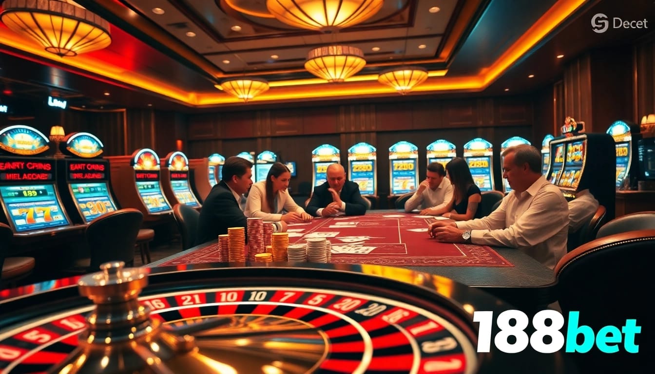 Players strategizing at a poker table with 188bet branding visible, showcasing high-stakes excitement.