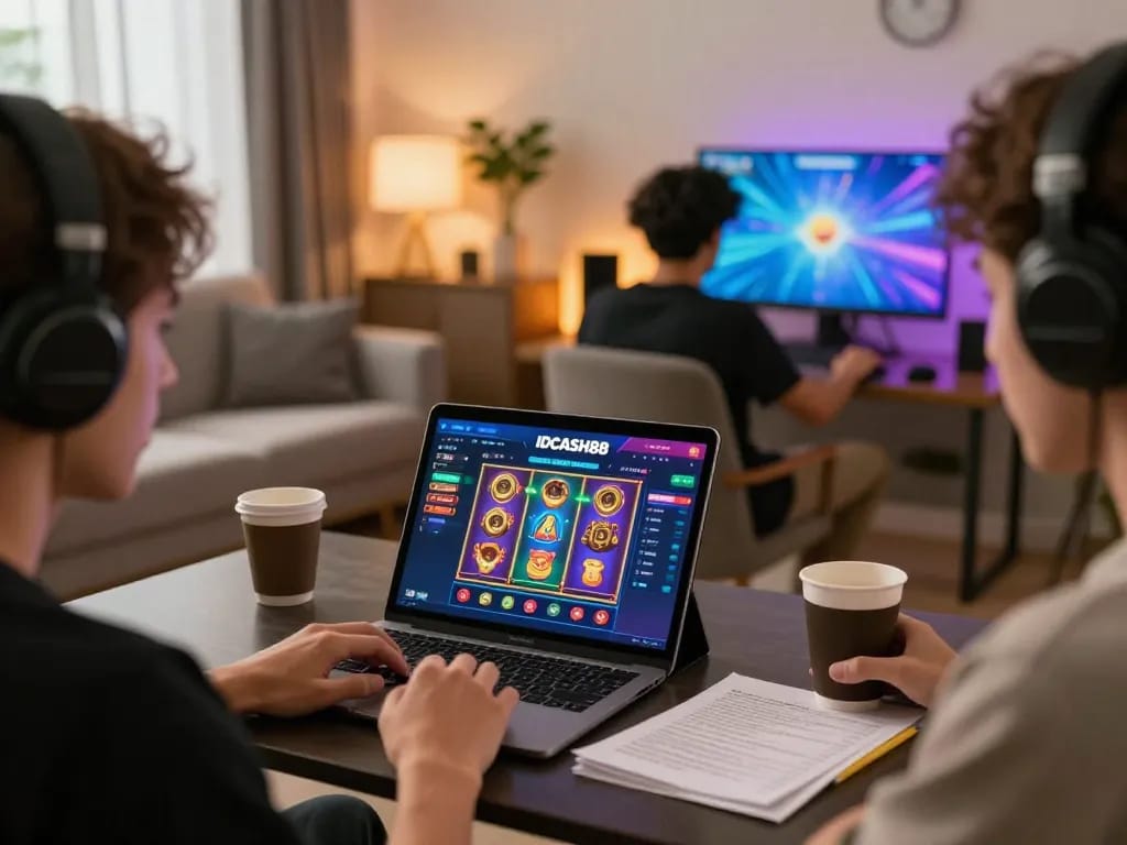 Engaging home gaming scene with IDCASH88 platform on display, showcasing a vibrant slot game.