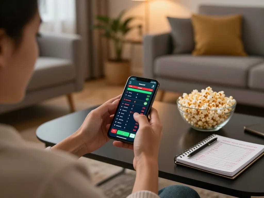Engaging with UGDEWA sports betting on a smartphone while enjoying a cozy evening at home.