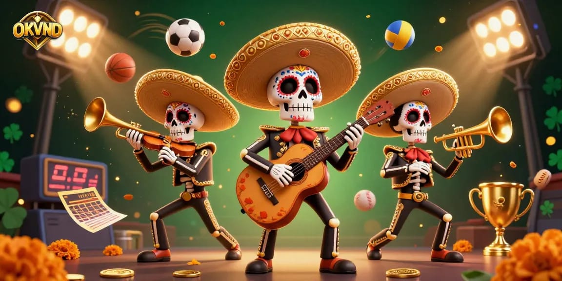 Engage in spirited casino fun with OKVND, featuring a vibrant mariachi band and dynamic sports betting elements.