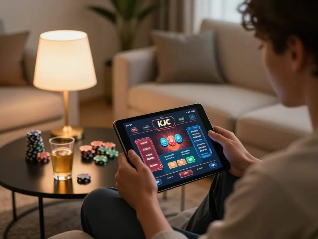 KJC online gaming experience with a player engaged in casino app on a tablet, cozy atmosphere and strategic focus