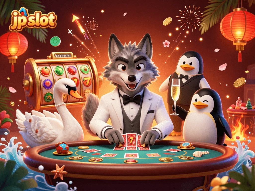 Experience excitement with jp slot as a wolf and swan play cards amidst vibrant casino elements.