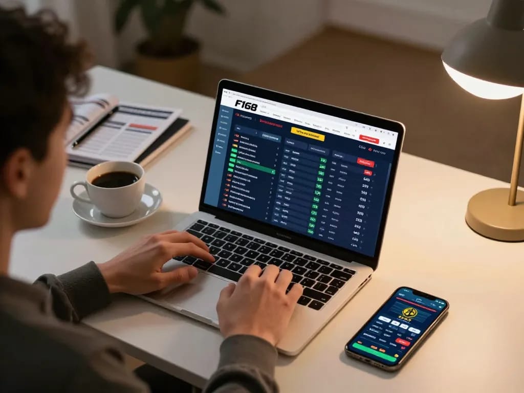 Engaging online gaming with F168's live betting interface, showcasing strategic decision-making in a cozy home setup