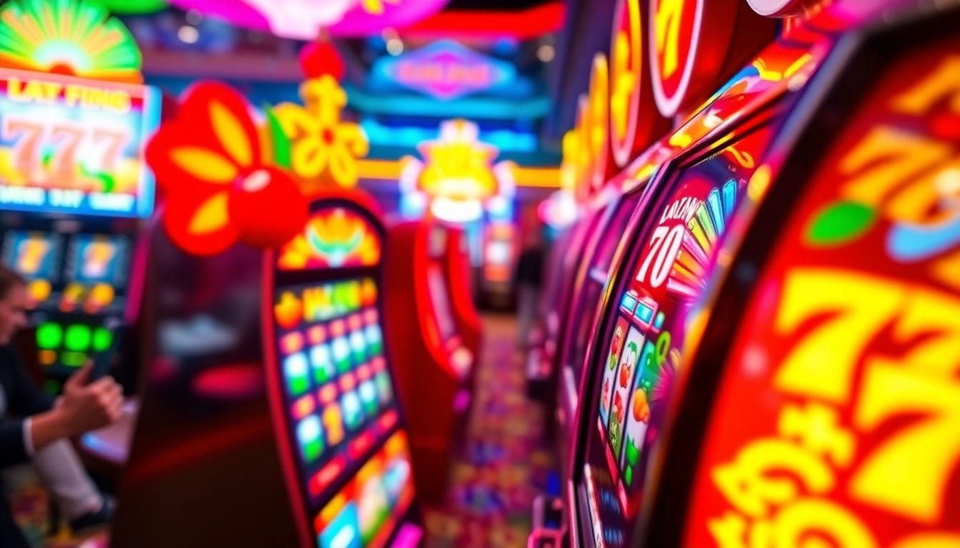 Main event on Slot gampang menang with an eager player by a vibrant slot machine.