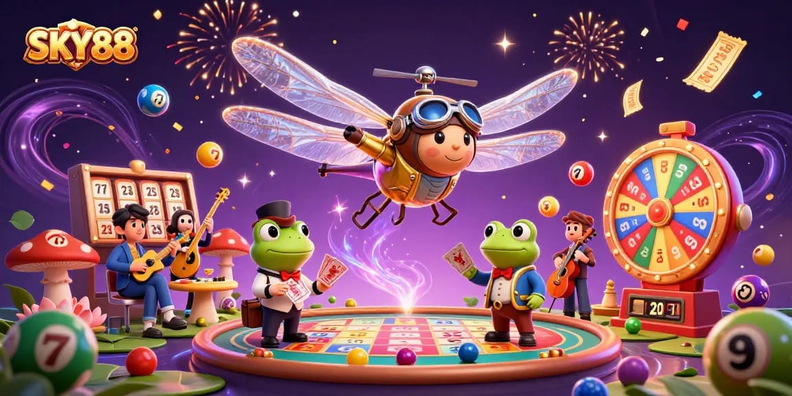 Engage in exciting gameplay at SKY88 with vibrant 3D casino atmosphere featuring lively characters.