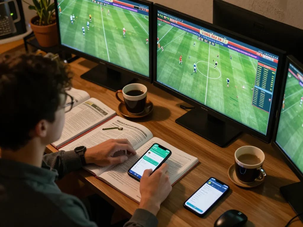 Person analyzing kèo bóng đá hôm nay at home, engaged in strategic football betting with live match updates.