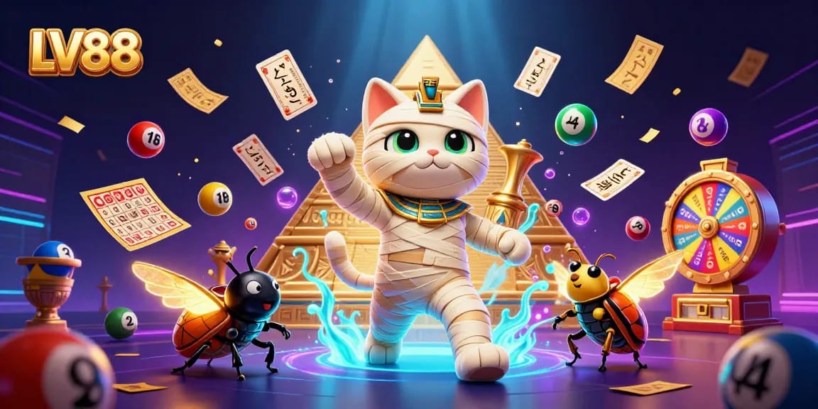 Experience thrilling LV88 casino action with a 3D mummy cat and glowing elements in a vibrant gaming scene.