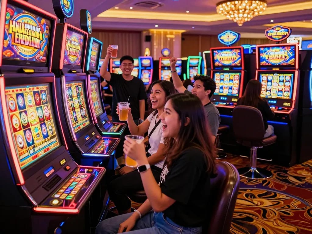 Grup merayakan di mesin permainan situs slot gacor dalam suasana kasino yang semarak