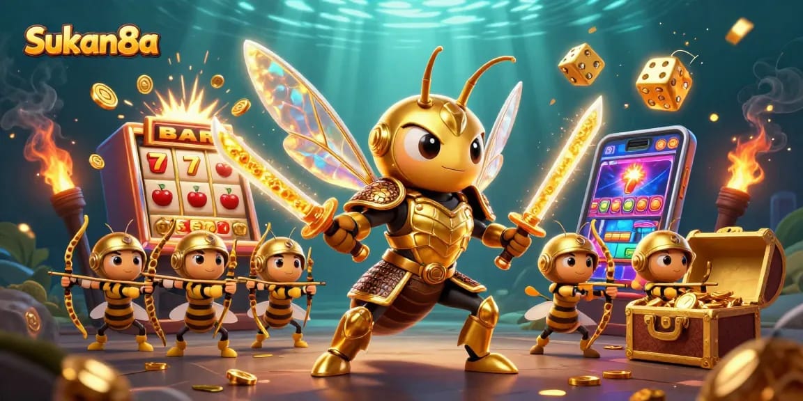 Sukan8a features a dynamic illustration of a golden hornet samurai amidst an explosive casino scene with slot machines and gold.