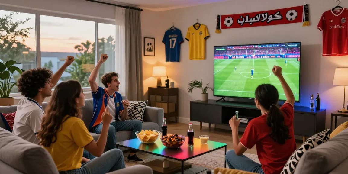 Friends enjoying كورة لايف in a lively living room setting, celebrating soccer with snacks and drinks.