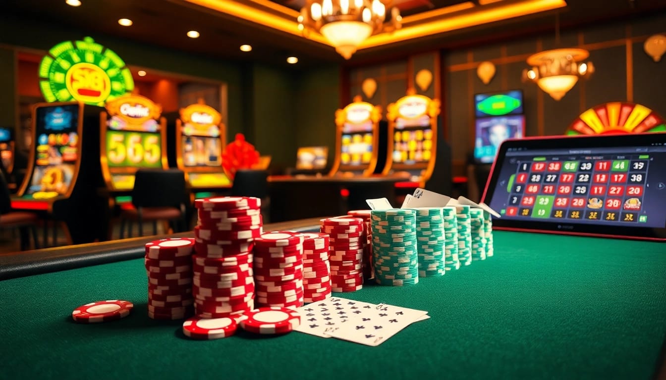 Bong88 gaming scene showcasing vibrant poker chips, playing cards, and luxurious casino atmosphere.