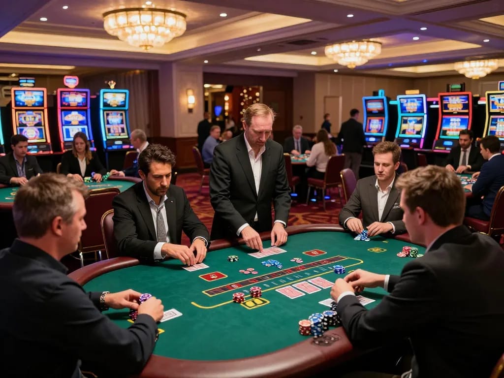 Players enjoying exciting blackjack action at hello88 casino floor, focusing on strategy and winning moves.