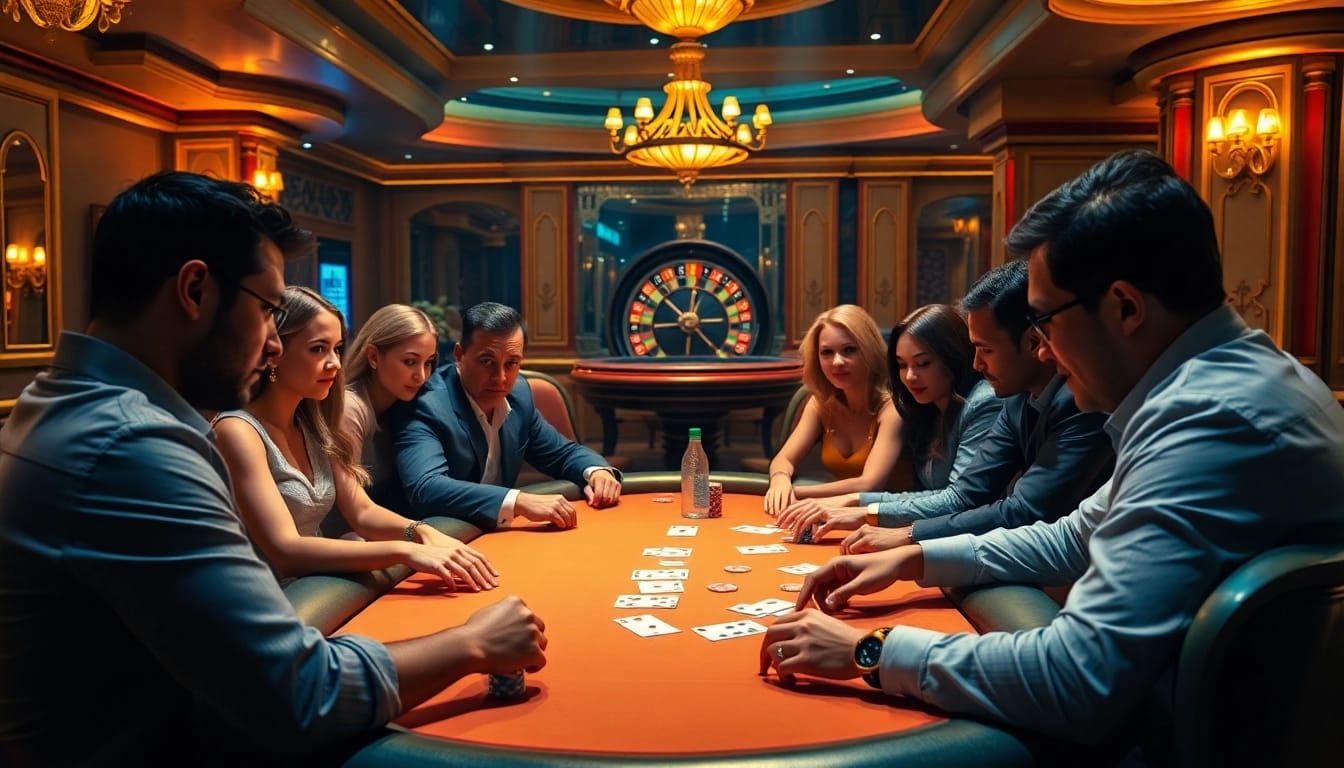 Players enjoying poker at the Hit club, surrounded by vibrant casino elements.