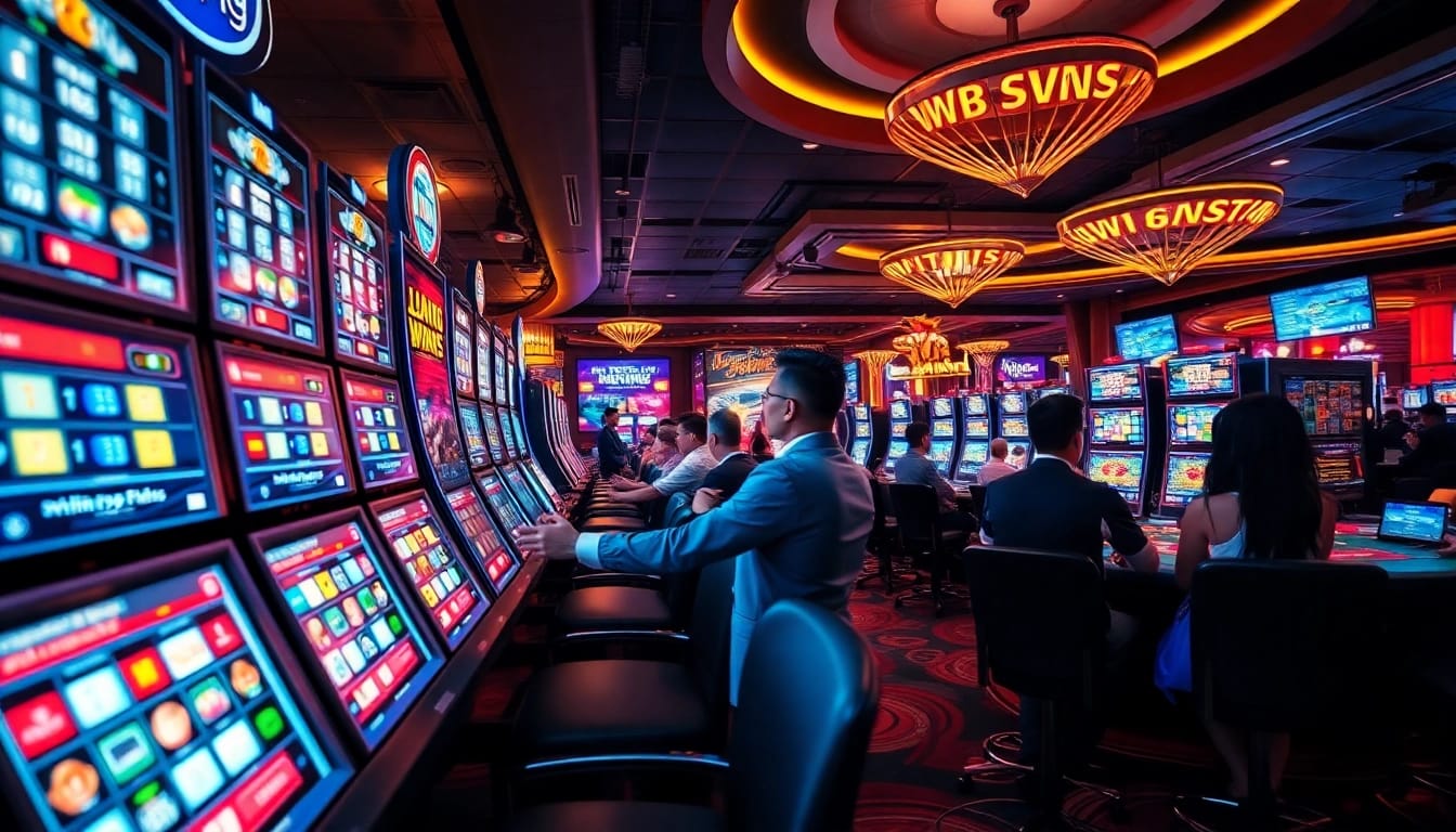 Vibrant atmosphere of online gambling showcasing 79king with players enjoying games and celebrating wins.