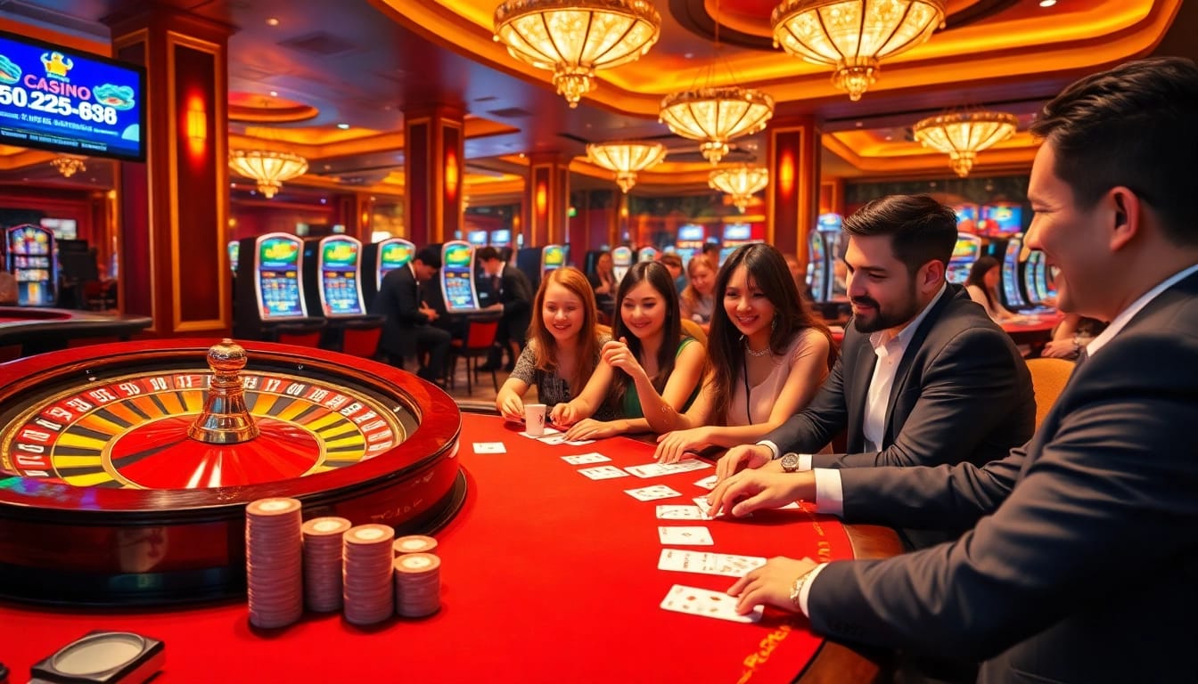 MM88 players enjoying a vibrant casino atmosphere with poker chips, roulette, and slots.