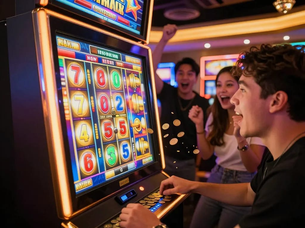Thrilling experience at slots with friends, colorful lights and a big win on situs slot machine.