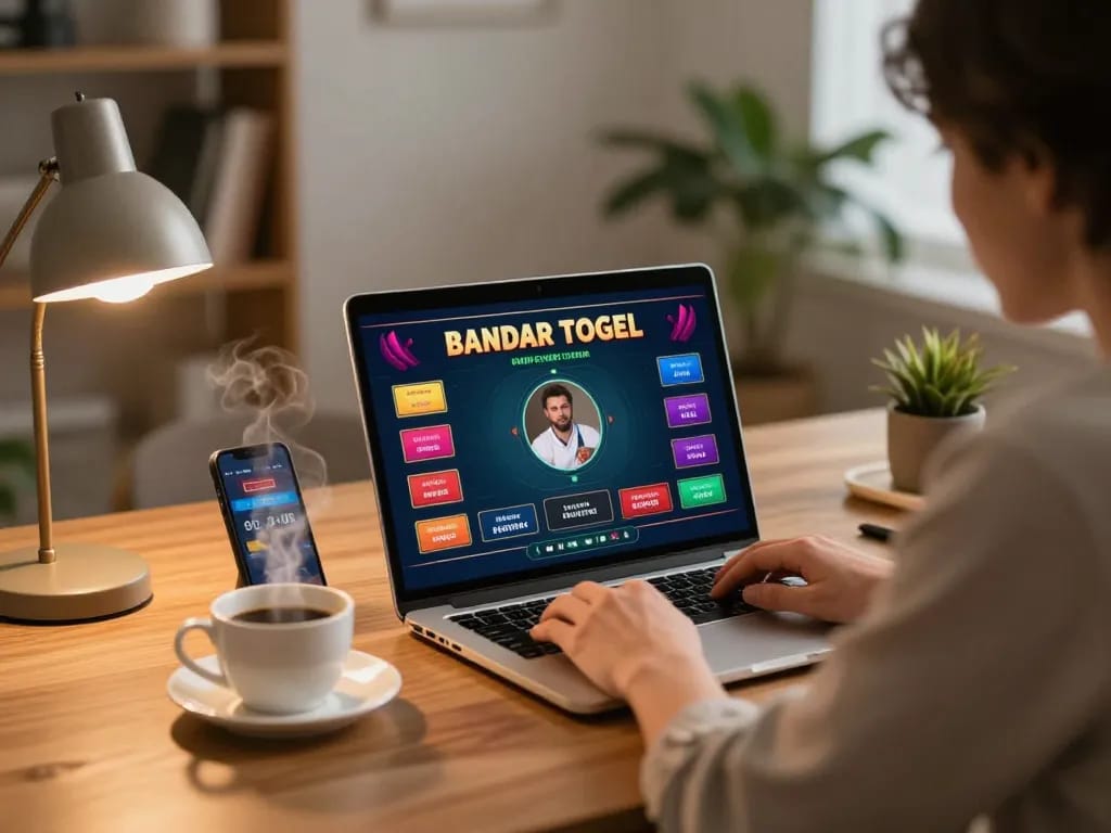Pemain yang terlibat mengakses bandar togel online di laptop dengan opsi taruhan dan kopi di dekatnya.