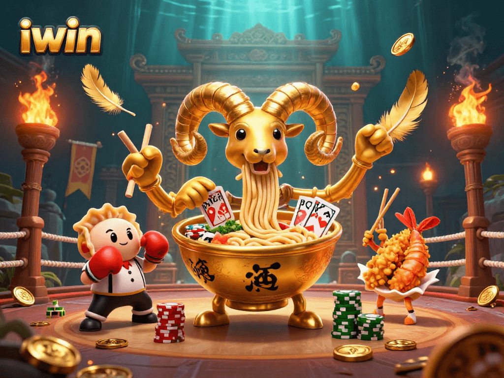 Join iwin in an epic casino showdown with a golden ramen bowl and sushi dealer in a vibrant arena.