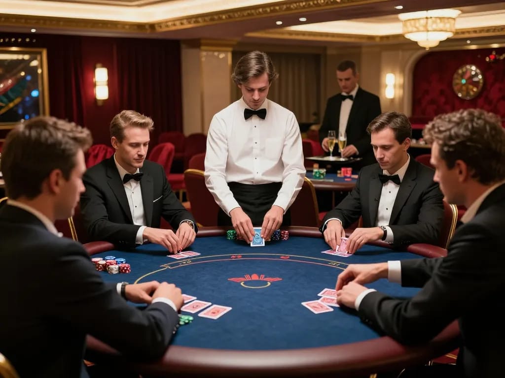 Players enjoying high-stakes poker at LGOLUX's luxurious gaming tables, showcasing strategic gameplay.