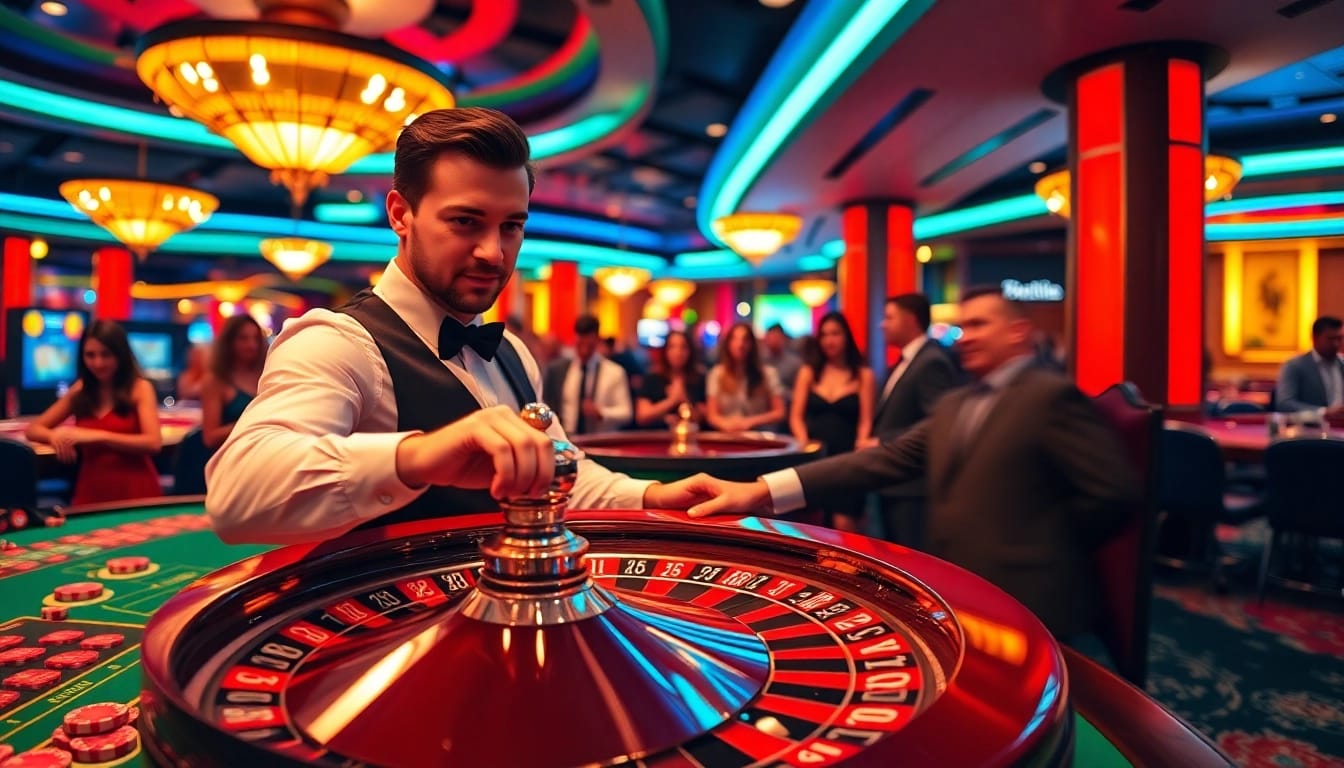 Menggoda pemain arushoki di meja roulette dengan suasana cerah di kasino.