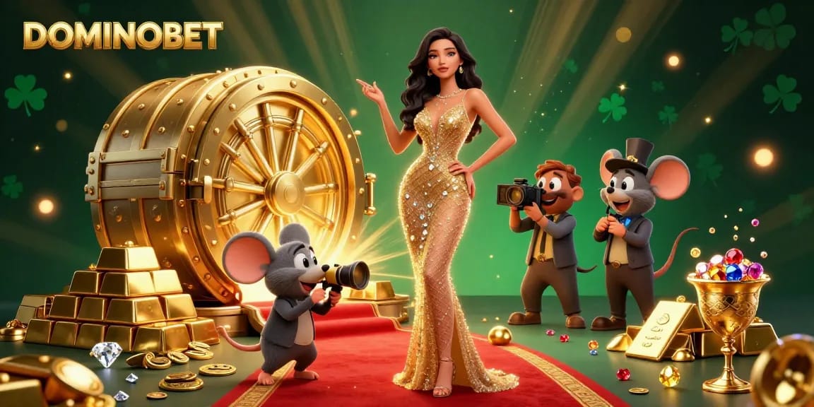 Experience the thrill of DOMINOBET with a glamorous 3D casino scene showcasing rich treasures and excitement.