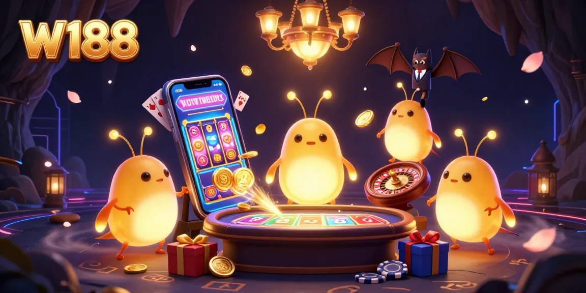 Experience the vibrant W188 casino, illuminated by glowworms, featuring thrilling slot games and live dealer action.